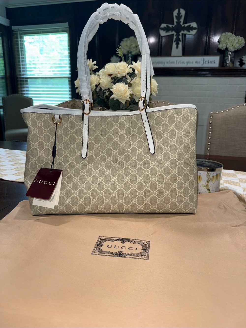Gucci inspired Beige GG Supreme Canvas Tote with White Trim and Green-Red Stripe